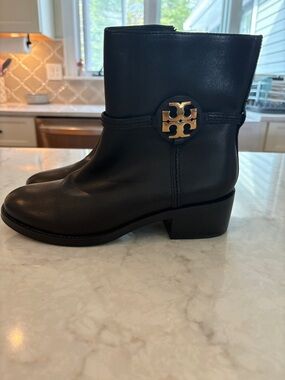 Tory Burch Black Leather Mid-Heel Logo Ankle Boots with Gold Emblem